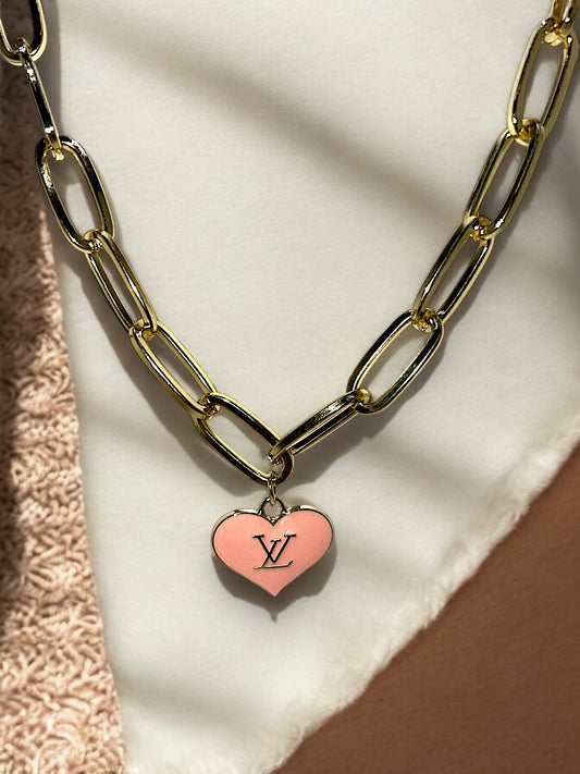 LV Peach/Pink Heart Repurposed Necklace